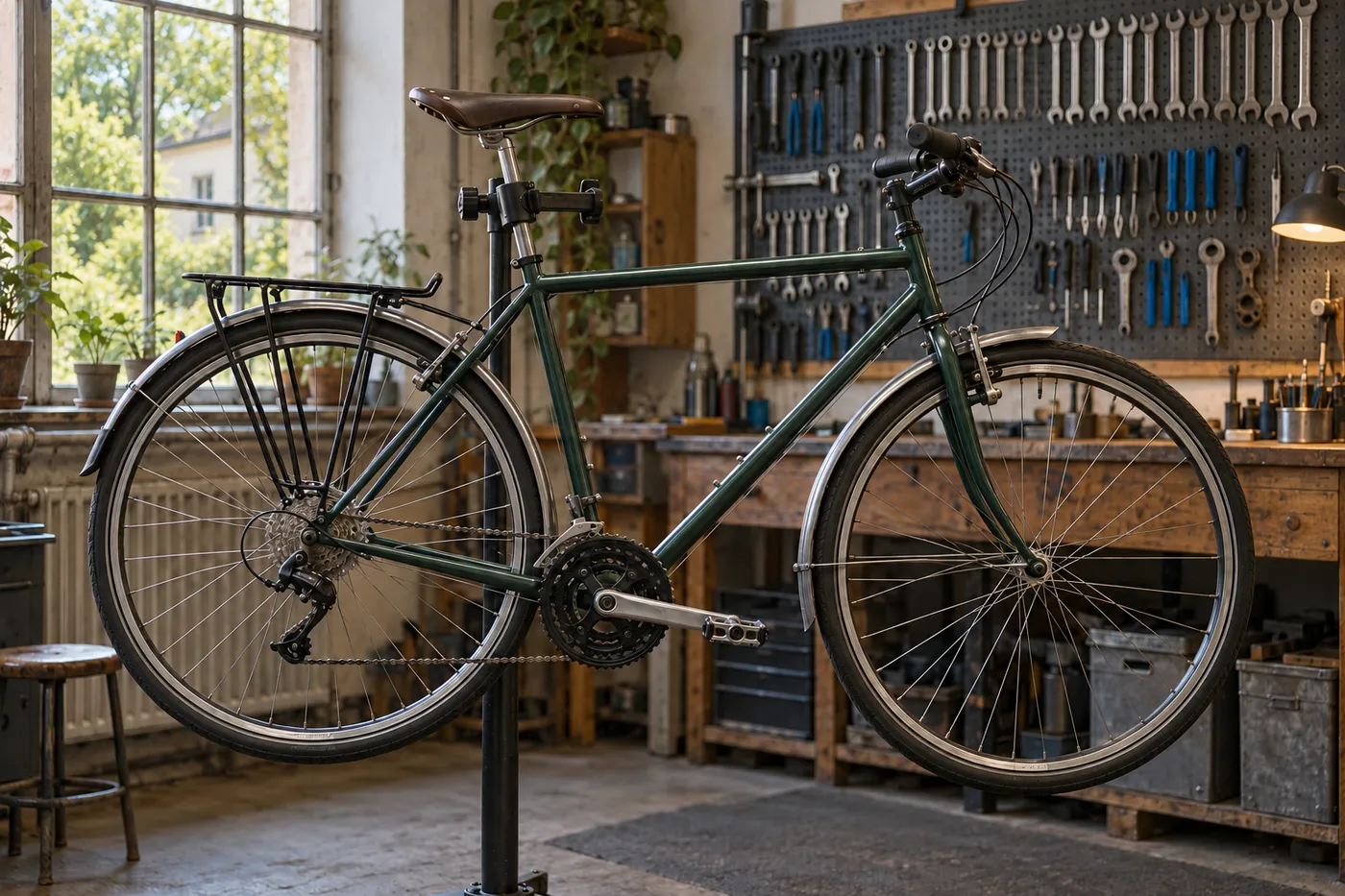 Illustration: ein grünes Trekkingrad im Montageständer einer kleinen Werkstatt mit Lochwand voller Schlüssel